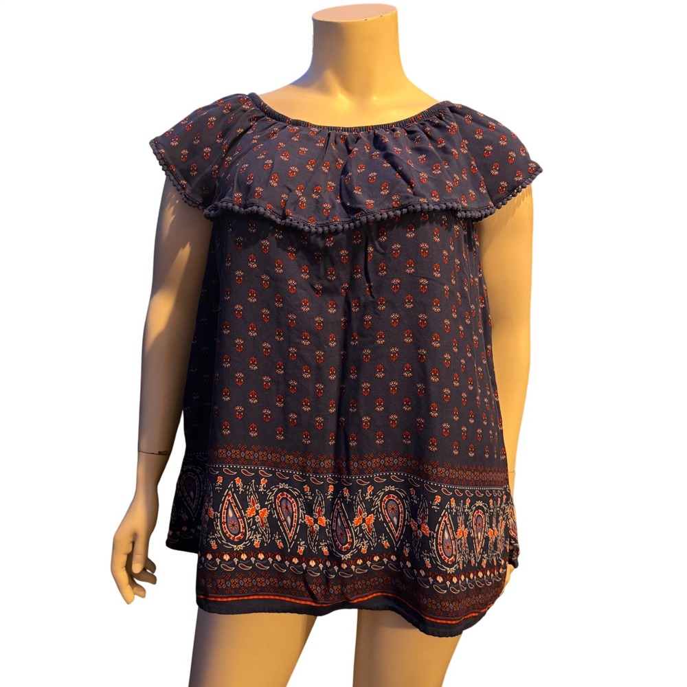 Faded Glory Boho Ruffle Blouse Paisley Pom-Pom Navy Blue Festival Top 2X 18W-20W